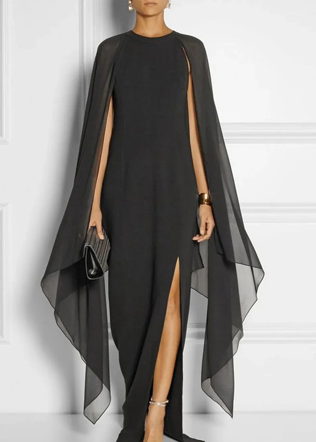 Elegant Thigh Split Hem Cloak Sleeve Maxi Dress - Omychic