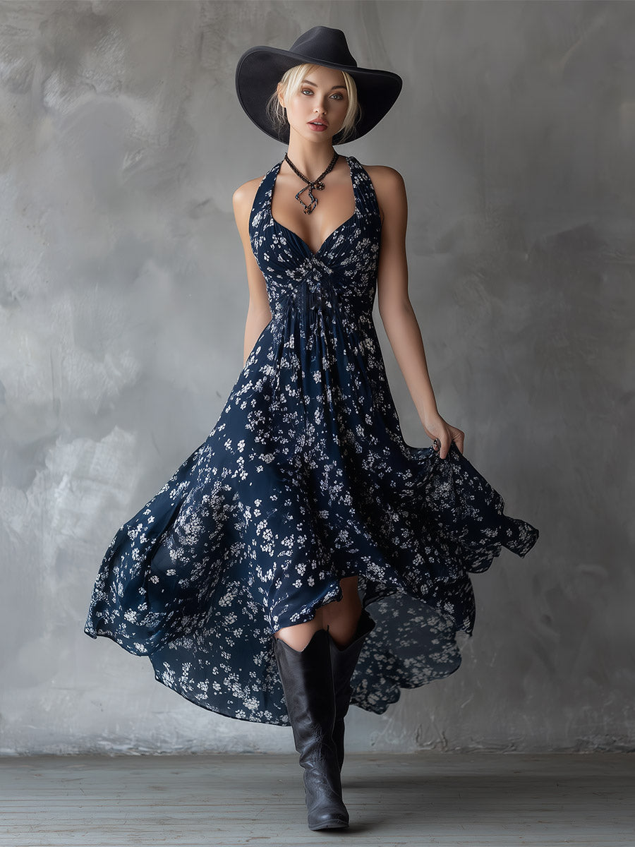 Retro Classic Floral Print Navy Blue Chiffon Sleeveless Maxi Dress - Maxi Dresses