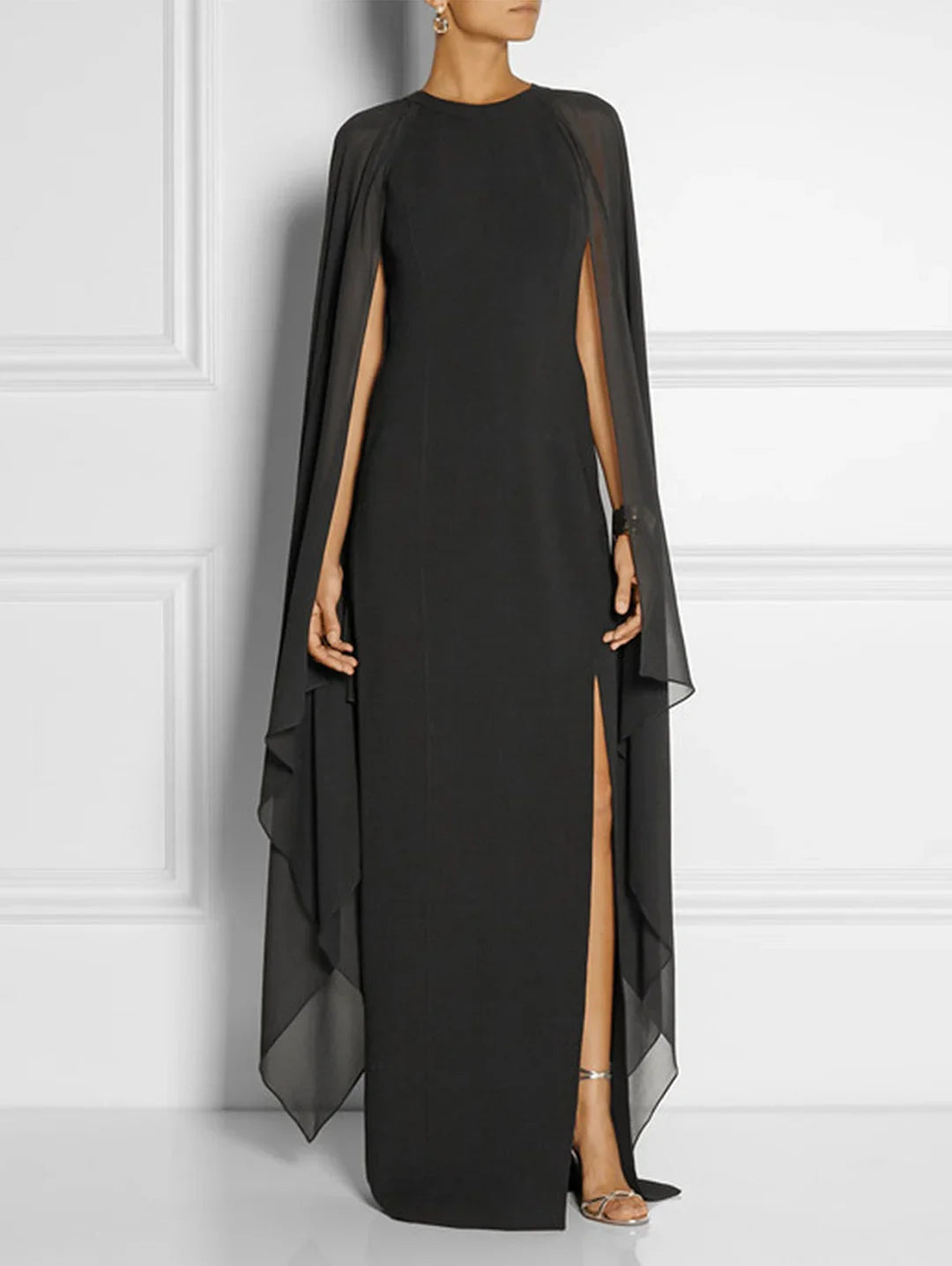 Elegant Thigh Split Hem Cloak Sleeve Maxi Dress - Omychic