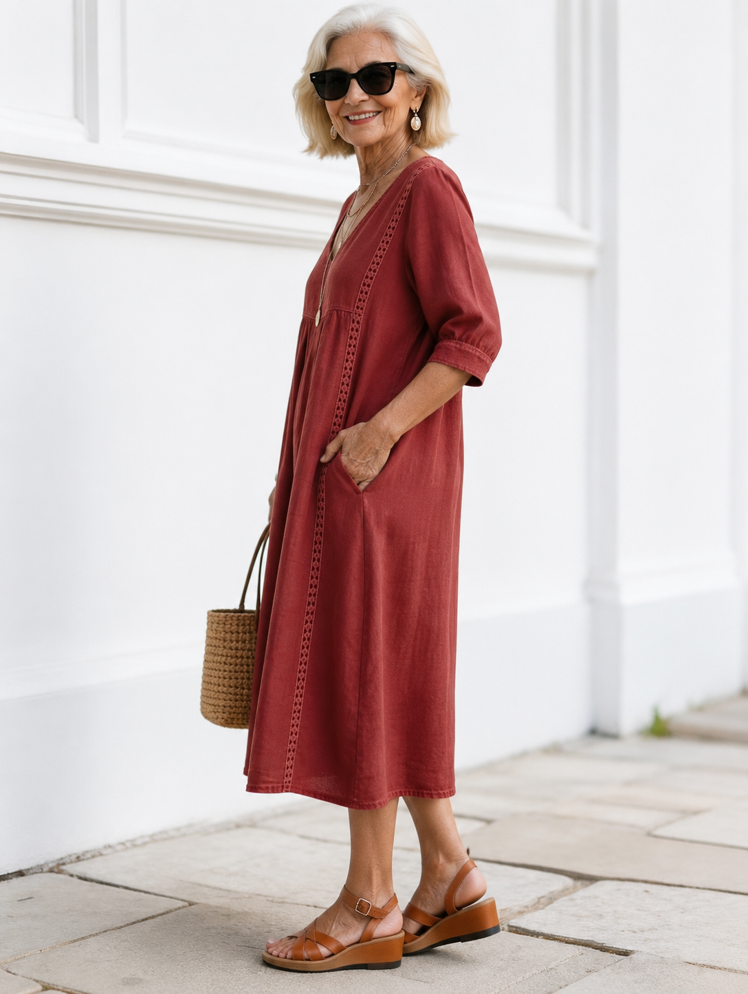 Vestido de Lino con Escote en V y Remates en Contraste