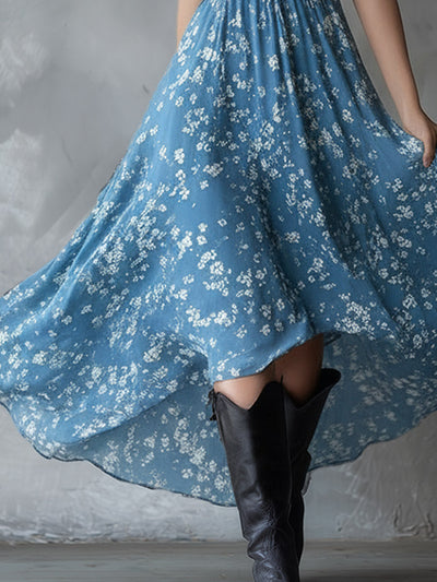 Retro Classic Floral Print Navy Blue Chiffon Sleeveless Maxi Dress - Maxi Dresses