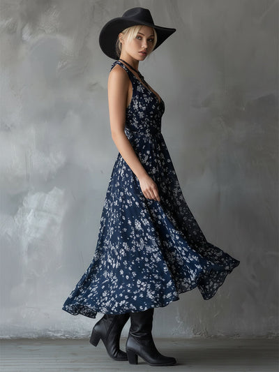 Retro Classic Floral Print Navy Blue Chiffon Sleeveless Maxi Dress - Maxi Dresses