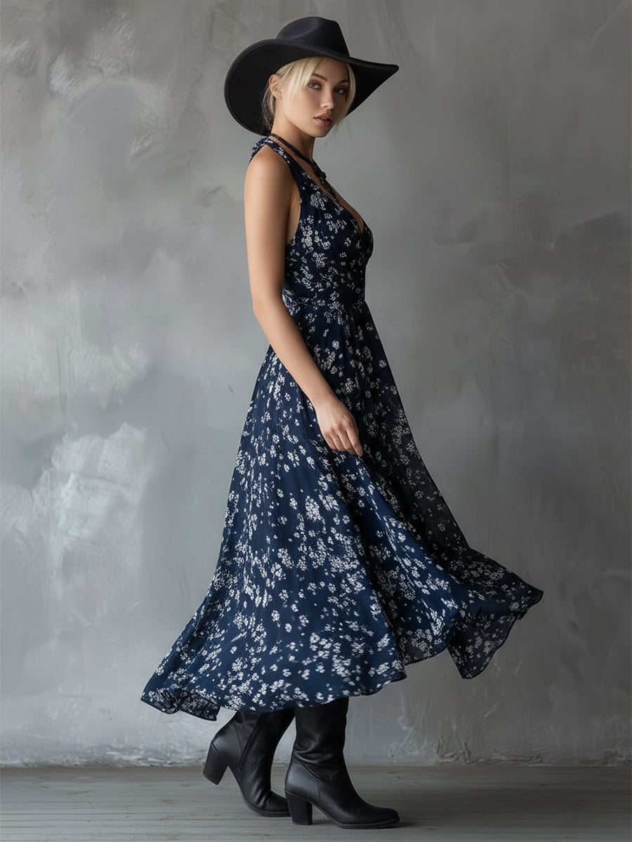 Retro Classic Floral Print Navy Blue Chiffon Sleeveless Maxi Dress - Maxi Dresses