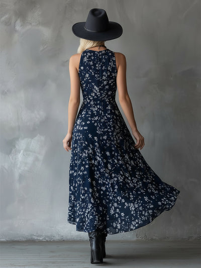 Retro Classic Floral Print Navy Blue Chiffon Sleeveless Maxi Dress - Maxi Dresses