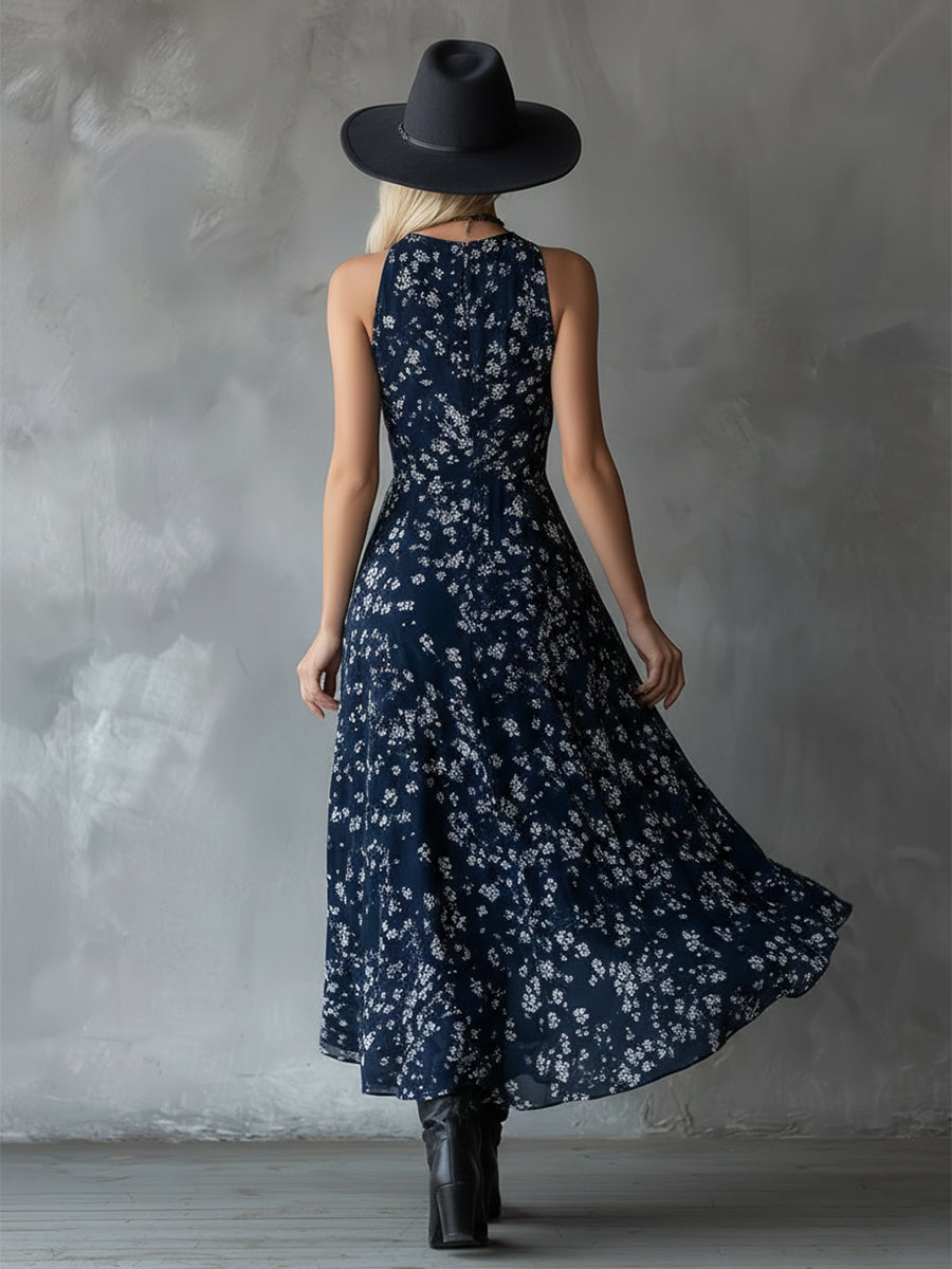 Retro Classic Floral Print Navy Blue Chiffon Sleeveless Maxi Dress - Maxi Dresses