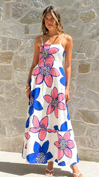 Norah Eyelet Maxi Dress - Botanic Blue/Pink Print - Billy J