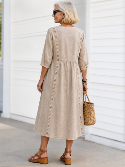 Vestido de Lino con Escote en V y Remates en Contraste