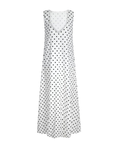 (ghost mannequin) Gili Dress Polkadot flat lay ghost mannequin, black and white cotton maxi dress side zipper 100% cotton Puka The Label
