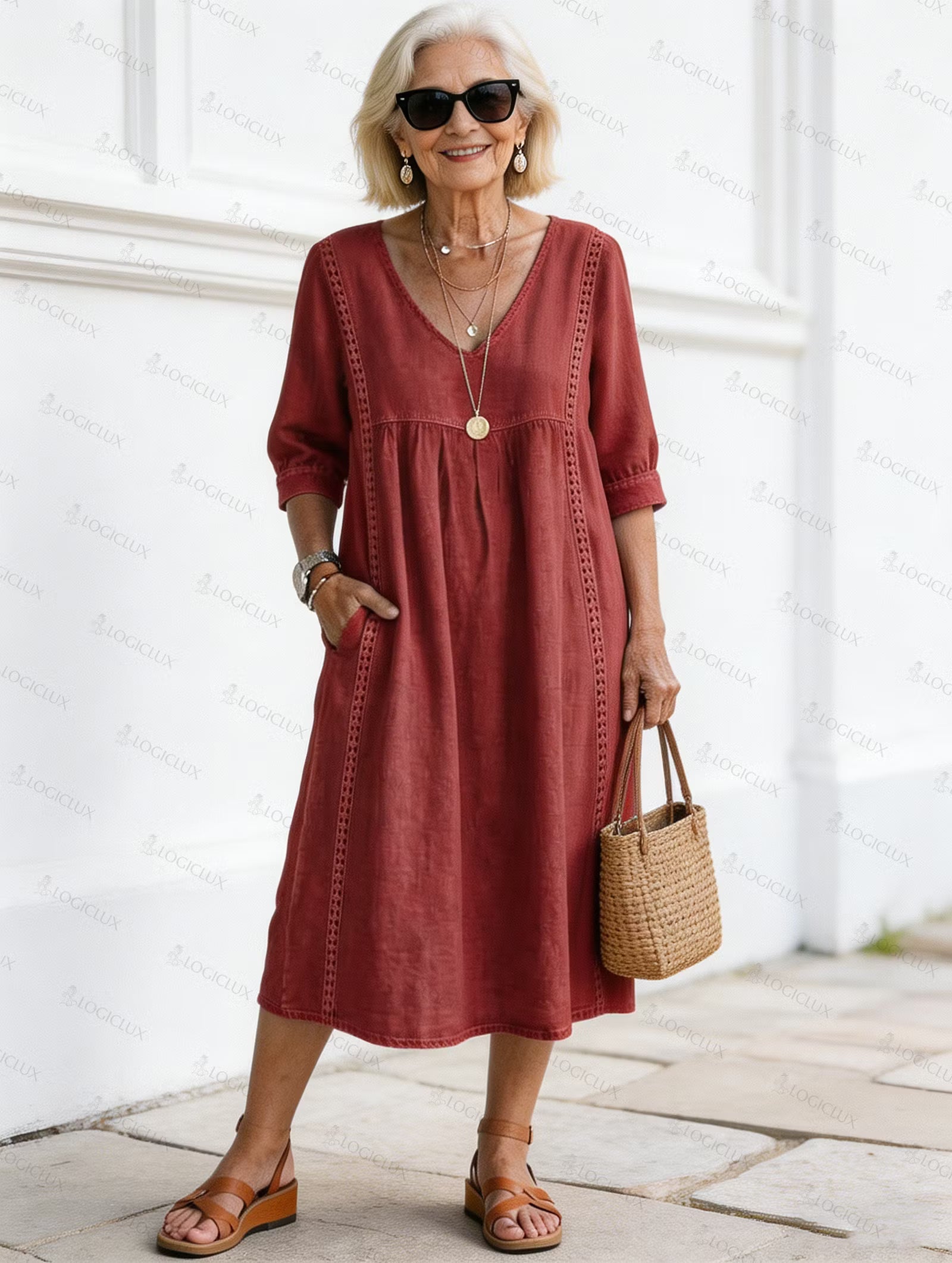Vestido de Lino con Escote en V y Remates en Contraste
